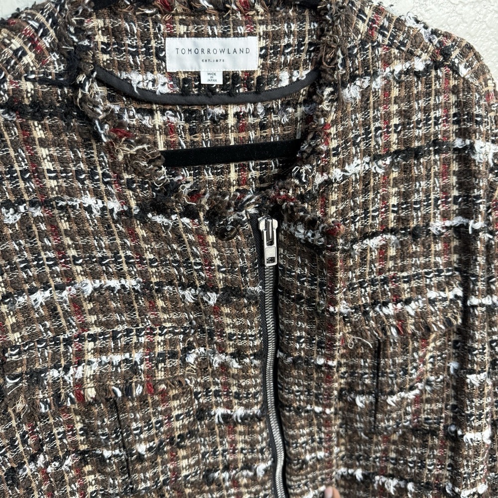 Tomorrowland Collarless Cotton Blend Brown Tweed Jacket Womens EU Size 40 (M) - Picture 3 of 6